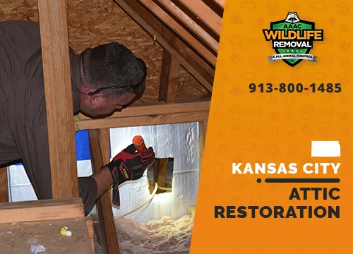 Wildlife Pest Control operator inspecting an attic in Kansas City before restoration